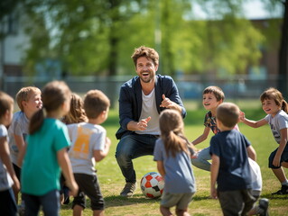 Fototapeta premium Elementary school kids and teacher sitting with ball in field