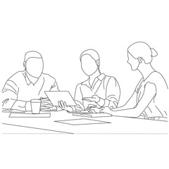 Office workers at a business meeting. Business people discussing in conference room Line art drawing isolated on white background.