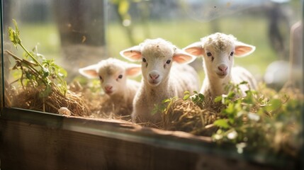 Naklejka na ściany i meble Generative AI, little lambs looking at the camera on a farm, baby sheeps