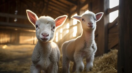 Fototapeta premium Generative AI, little lambs looking at the camera on a farm, baby sheeps