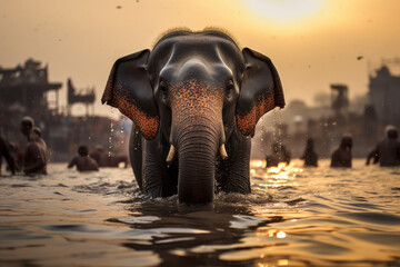 Elephant and child in the lake	