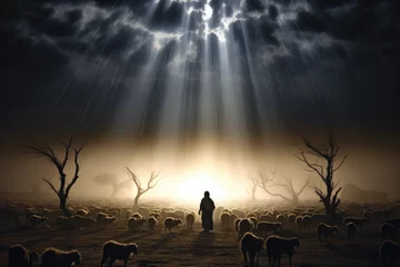 Fotobehang Shepherd and flock of sheep © thejokercze