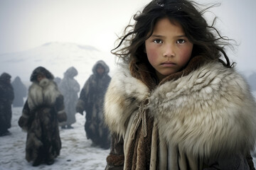 Portrait of a Inuit child in a fur coat - obrazy, fototapety, plakaty