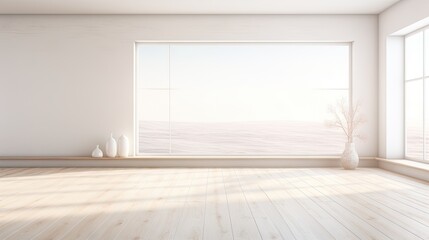 Empty white room with sunlight, wooden floor, large wall, and a window overlooking a white landscape. Nordic home interior. 3D rendition.