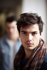 portrait of a handsome young man with his friend in the background