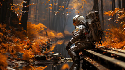 astronaut traveling in forest, generative ai