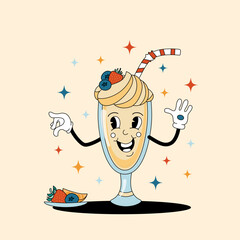 Comic flat Milkshake with face on decorated background. Vector cartoon illustration in groovy retro style with drink. Image of cute vanilla milk shake character with smile for advertising or concept