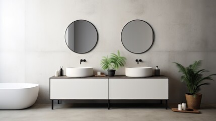 Minimalist bathroom with concrete wall, white cabinet, and oval mirrors above double sink with black faucet.