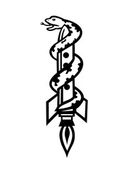 Fototapeta premium Mascot illustration of a snake coiled on rocket blasting to space viewed from side on isolated background in retro style.