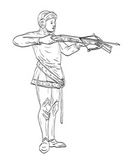 Line art drawing illustration of medieval archer with crossbow viewed from front done in medieval style on isolated background in black and white.
