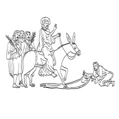 Fototapeta premium Line art drawing illustration of Jesus on Palm Sunday riding donkey being greeted by believers done in medieval style on isolated background in black and white.