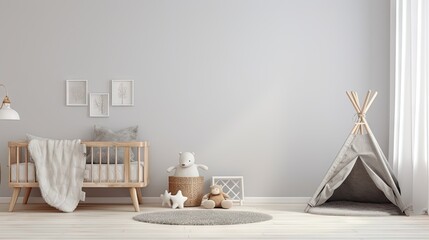 Scandinavian style a cozy nursery interior with a blank wall mock up. - obrazy, fototapety, plakaty