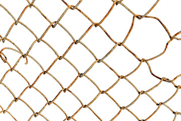 The texture of the metal mesh on a white background. Torn steel, metal mesh with holes. rusty wire