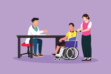 Cartoon flat style drawing doctor and patient. Practitioner doctor man and old man patient in hospital medical office. Consultation and diagnosis. Medicine concept. Graphic design vector illustration