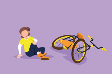 Cartoon flat style drawing sad pretty little girl hurt fallen off the bicycle. Broken bicycle. Kids fallen from bike unhappy children. Bike accident at city street. Graphic design vector illustration