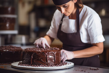 Female pastry chef making delicious chocolate cake