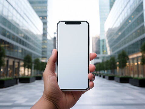 Mockup image of hand holding white mobile phone with blank white screen