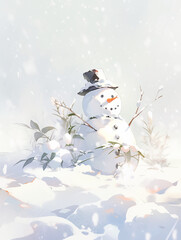Forest winter field snow field snowman spruce fox cub post card 