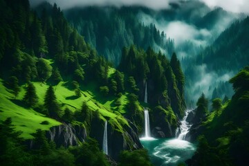 waterfall in the mountains generated with Ai