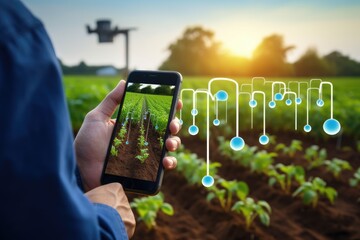 Smart farming concept, A farmer holding smartphone using management farming to manage water, soil quality and monitor weather,  IOT technology