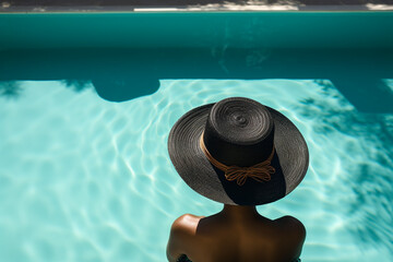Young black woman wearing straw hat relaxing at spa pool - Beautiful woman relaxing in outdoor spa swimming pool - Back view of attractive girl enjoy vacation at resort. Generative AI