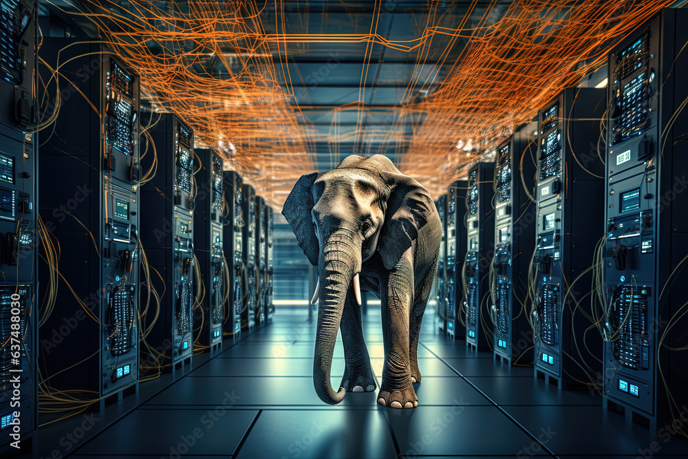 Poster Elephant in the server room. Concept of the big data and digital fragility.