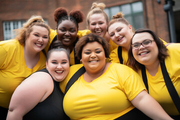 Group of curvy women with different body and ethnicity posing together to show the woman power and strength. Body positive concept. Generative AI.