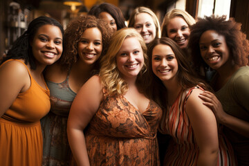 Group of curvy women with different body and ethnicity posing together to show the woman power and strength. Body positive concept. Generative AI.