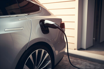 Fototapeta na wymiar Plugged cable charging an electric family car in a garage - Home garage charging electric vehicle with cable EV - Generative AI
