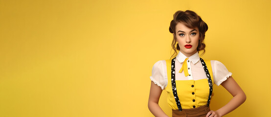 Oktoberfest woman in traditional clothing dirndls isolated on yellow background.