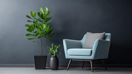 modern living room with blue armchair and plant, dark gray wall background