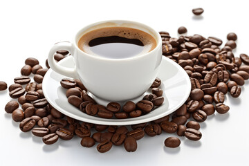 Cup of coffee surrounded by coffee beans on white background