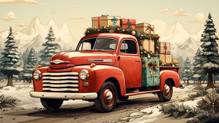 Fototapeta premium Generative AI, vintage Christmas car with many gifts, blue and red colors. Greeting xmas card, winter holidays