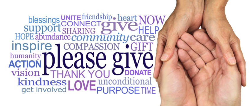 Please give what you can - female hands gently cupped around male cupped hands beside a word cloud associated to giving  transparent png file  - Powered by Adobe