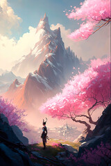 A fantasy landscape with flowering trees and mountains. Generative AI 
