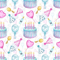 Seamless pattern with birthday cake, balloons, watercolor