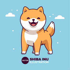 Vector Illustration of Cute Shiba Inu Dog Standing Cartoon Icon in Flat Cartoon Style - Perfect for Poster, Card, Decoration, and Print