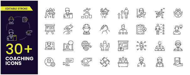 Set of Vector Line Icons Related to coaching, Persistence, Determination, Purposefulness, workshop, professional consulting service, training and development. for Development. Editable Stroke.