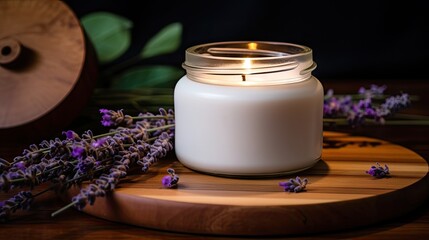 Obraz na płótnie Canvas Handmade soy candle in a glass jar, with aromatherapy lavender scent and a wooden lid for relaxation and home decor.