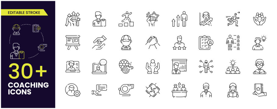Set of Vector Line Icons Related to coaching, Persistence, Determination, Purposefulness, workshop, professional consulting service, training and development. for Development. Editable Stroke.