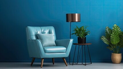 Stylish living room design with armchair and modern accessories. Blue wall. Staging. Template. Copy space.