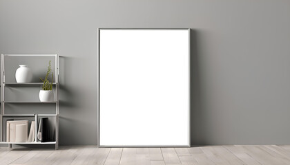 Empty White Frame for Mockups or Template, Standing on the floor, Scandanavian Modern Interior, Plants and Decoration