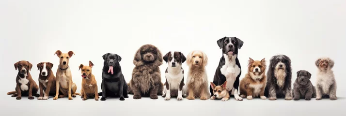 Foto op Plexiglas Group of sitting dogs of different breeds on a white background © Veniamin Kraskov