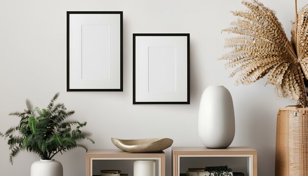 Two Empty Black Frames For Mockups Or Template, Hanging On The Wall, Scandanavian Modern Interior, Plants And Decoration