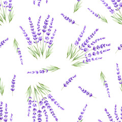 Watercolor lavender flowers seamless pattern in vintage style on white background