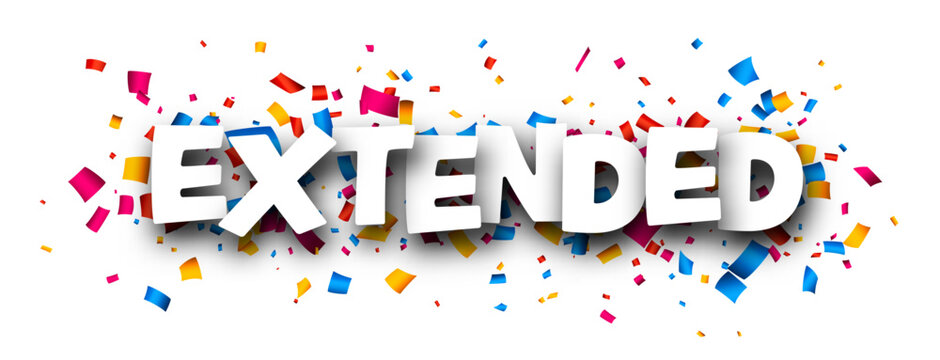 Banner with extended sign over colorful cut out ribbon confetti on blue background. Design element. Vector illustration.