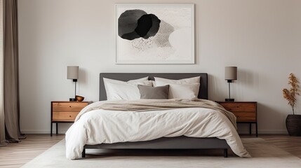 Oil painting of black abstraction in frame on neutral wall in cozy bedroom.