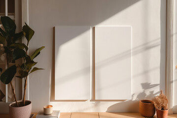 artistic frame canvas mock up in a curated whimsical studio setting / vintage artists desk, atelier bohemian style with natural light and shadows - ai generative art