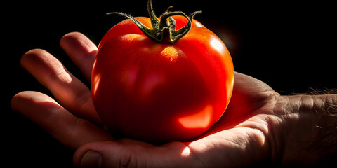Vibrant close-up of sun-ripened tomato nestled in man's hands, with radiating digital light emphasizing juicy texture and natural goodness.