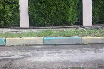 A street border painted white and blue against a road and green foliage in a summer close-up. Road safety, minimalism.